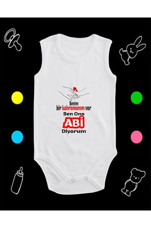 Pamuklu Bir Kahramanım Var Abi Diyorum Baskılı Penye Bebek Body Çıtçıtlı Badi Zıbın KVABD115