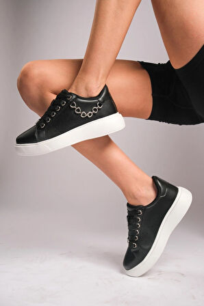 Siyah Platform Tabanlı Zincir Detaylı Şık Kadın Sneaker Ayakkabı ortopedik taban Siyah / 39