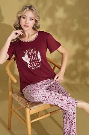 Kadın Desenli Bisiklet Yaka Düğmesiz Pamuklu Yazlık Kısa Kol Pijama Takımı