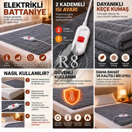 R8 Çift Kişilik Elektrikli Battaniye 2 Kademeli Isı Ayarlı Aşırı Isınma Korumalı