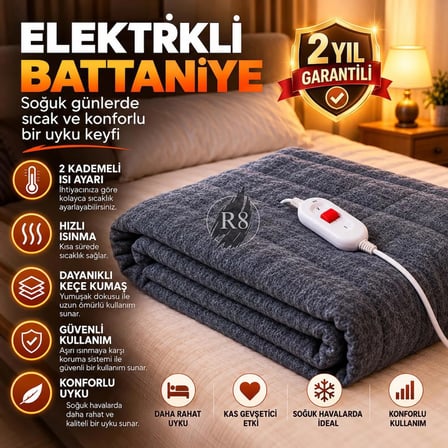 R8 Çift Kişilik Elektrikli Battaniye 2 Kademeli Isı Ayarlı Aşırı Isınma Korumalı
