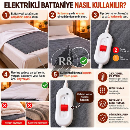 R8 Çift Kişilik Elektrikli Battaniye 2 Kademeli Isı Ayarlı Aşırı Isınma Korumalı