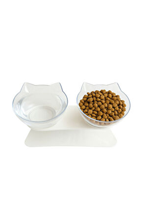Çift Hazneli Kedi Kulaklı Beslenme Mama ve Su Kabı 350 ML