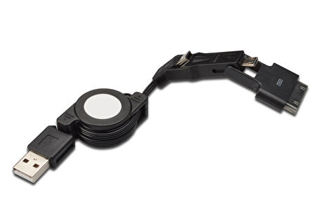 3 in 1 Makaralı Kablo, Samsung 30pin erkek &lt;-&gt; micro USB B erkek + mini USB B erkek + USB A, 0.75 metre, USB 2.0 uyumlu, AWG30, 2x zırhlı