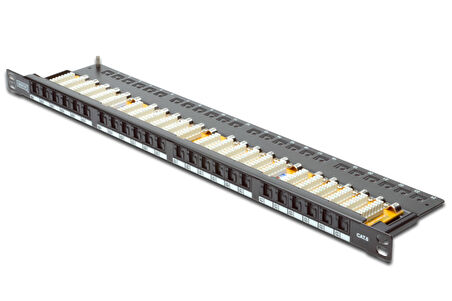 Digitus 19  24 port Cat-6 UTP Patch Panel, 8P8C, LSA, 0,5U boyut, tozdan korumak için kapaklı, zırhsız, siyah renk