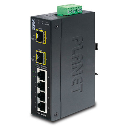 Endüstriyel Tip Yönetilemeyen Ethernet Switch (Industrial Unmanaged Ethernet Switch)&lt;br&gt;
4 x 10/100/1000Base-T&lt;br&gt;
2 x 1000BASE-SX/LX/BX SFP/mini-GBIC yuva (Port-5 ve Port-6), 100Base-FX S