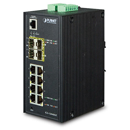 Endüstriyel Tip Yönetilebilen Switch (Industrial Managed Switch)&lt;br&gt;
8-Port 10/100/1000Base-T&lt;br&gt; 
4 x 1000BASE-SX/LX/BX SFP/mini-GBIC yuva (Port-9 ile Port-12 arası), 100Base-FX SFP uyuml