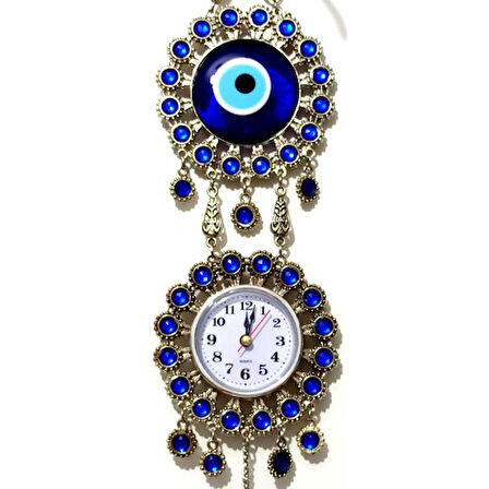 Nikel Zamak Kaplamalı Nazar Boncuklu Gümüş Rengi Mini Duvar Saati