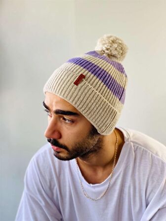 Retrobird Ponponlu Unisex Çizgili Bere Kadın Lila