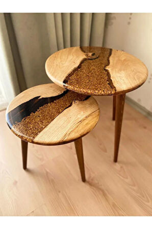 Fawdecor Yuvarlak Epoksi Kahve Desenli 2'li Masif Sehpa Seti Modern Yuvarlak Reçine Ahşap 2'li Yan Sehpa Seti