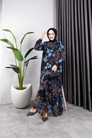 Kadın Astarlı Çiçek Desenli Şifon Elbise