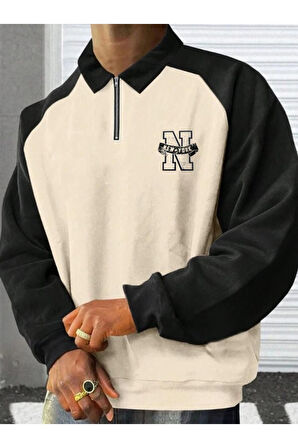 Unisex Ny Baskılı Oversize Polo Yaka Fermuarlı Sweatshirt