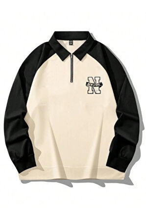 Unisex Ny Baskılı Oversize Polo Yaka Fermuarlı Sweatshirt