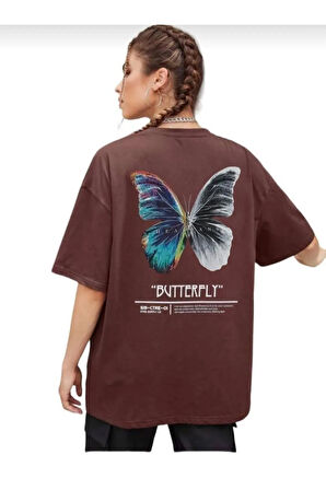 kadın butterfly baskılı bisiklet yaka tişört