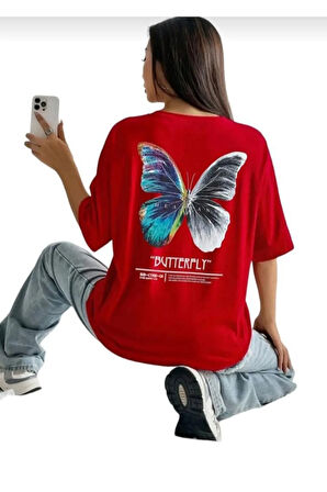 kadın butterfly baskılı bisiklet yaka tişört