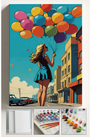 Sayılarla Boyama Hobi Seti Çerçeveli Numaralı Tuval Fırça Boya Kasnaklı RENKLİ BALON VE KIZ 40x50 Cm