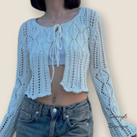 KADIN TRİKO CROP HIRKA AJURLU ÖRGÜ BAĞLAMALI RUSTİK MODEL