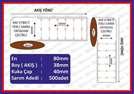 Raf Etiketi 80x38 500 Sarım Yatay  Ortadan Çeltikli