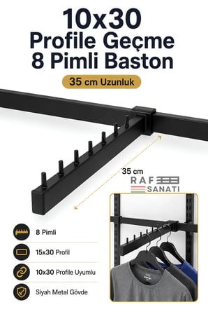 1 Adet - Pimli Baston Ab-1 Uyumu - 10x30 Profile Geçme - Pimli Baston Askılık 35 cm Mağaza Raf Askılık Aparatı Siyah