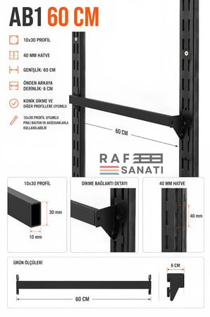 1 Adet - AB1 60 cm Ara Bağlantı Profili – 10x30 Profil 40 mm Hatve - Konik Dikme Uyumlu Mağaza Raf Askı Aparatı Siyah