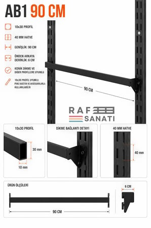 1 Adet - AB1 90 cm Askı Geçen Profil – 10x30 Aksesuar Ara Bağlantı 40 mm Hatve - Konik Dikme Uyumlu Raf Askı Aparatı Siyah