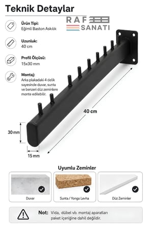 1 Adet - Duvara Monte Eğimli Baston Askılık 40 cm - Mağaza Butik Elbise Kıyafet Askılığı Siyah