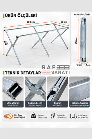 200 CM Pazarcı Tezgahı Kampet – Katlanır Portatif Galvaniz Tezgah, Seyyar Satış ve Fuar Standı (Tahta Hariç)