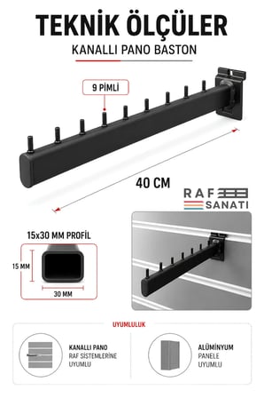 1 Adet - Kanallı Pano Baston Askılık 40 cm – Alüminyum Panel Uyumlu Mağaza Raf Askı Aparatı Siyah