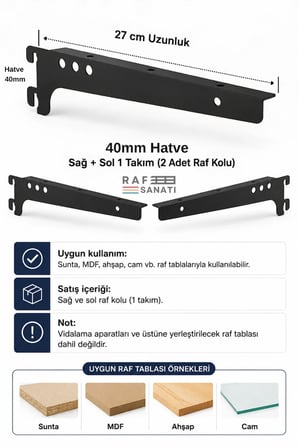 1 Takım Raf Destek Kolu 27 cm – 40 Hatve – Ahşap MDF Sunta Cam Raf Tutucu Raf Kolu Siyah