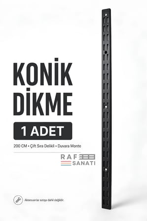 Konik Dikme 200 cm Siyah 1 Adet – Çift Sıra Delikli Modüler Mağaza Raf Profili Direği