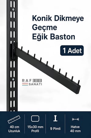 1 Adet - Konik Dikmeye Geçme Eğimli Baston Askı 40 cm - Mağaza Raf Askılık Aparatı Siyah