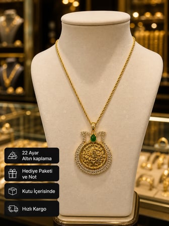316L Paslanmaz Çelik Tuğra Kolye Zirkon Taşlı Altın Kaplama Hediye Kolye