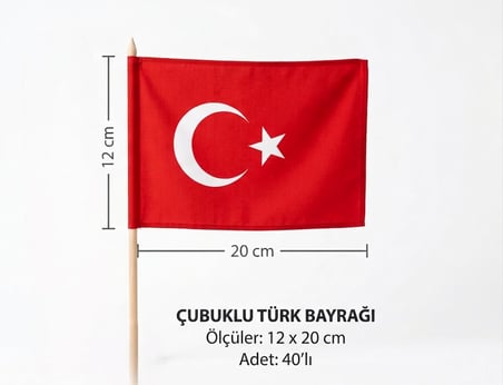40'lı Set Çubuklu Kağıt Türk Bayrağı 12x20 cm - 23 Nisan Kutlama ve Süsleme Seti