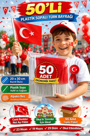 50’li Plastik Sopalı Alpaka Bez Türk Bayrağı 20x30 cm – Okul ve 23 Nisan Kutlamaları İçin