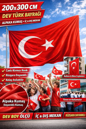 200x300 cm Büyük Boy Alpaka Türk Bayrağı – Dayanıklı, Canlı Renkli, Dev Boy Bayrak