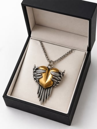 316L Paslanmaz Çelik Kanatlı Kalp Kolye Gold Detaylı Şık Hediye Takı