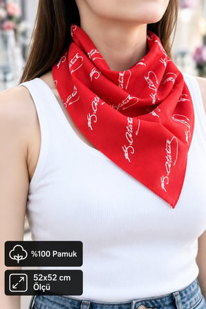 Atatürk İmza Desenli Kırmızı %100 Pamuk 52x52 cm Fular Bandana (Okul, Etkinlik, Tören, Gösteri)