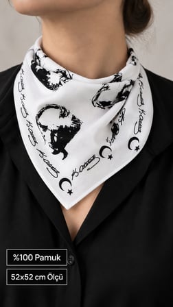 Atatürk Silüetli Ay Yıldız Beyaz %100 Pamuk 52x52 cm Fular Bandana (Okul, Etkinlik, Tören, Gösteri)