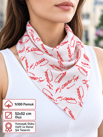 Atatürk İmza Beyaz Kırmızı %100 Pamuk 52x52 cm Fular Bandana (Okul, Etkinlik, Tören, Gösteri)