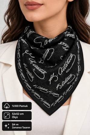 Atatürk İmza Desenli Siyah Pamuk Fular 52x52 cm Çok Amaçlı Bandana (Okul, Etkinlik, Tören, Gösteri)