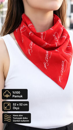 10’lu Atatürk İmzalı Kırmızı %100 Pamuk Fular Bandana Seti 52x52 cm Unisex