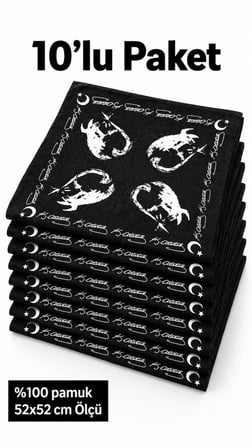 10’lu Siyah Atatürk Baskılı %100 Pamuk 52x52 cm Fular Bandana (Tören, Gösteri, Etkinlik)