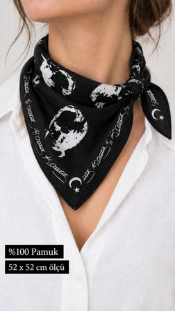 10’lu Siyah Atatürk Baskılı %100 Pamuk 52x52 cm Fular Bandana (Tören, Gösteri, Etkinlik)
