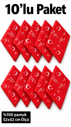 10’lu Kırmızı Türk Motifli 52x52 cm %100 Pamuk Fular Bandana Tören Etkinlik Gösteri