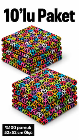 10’lu Renkli Peace Desenli %100 Pamuk 52x52 cm Fular Bandana Seti Unisex