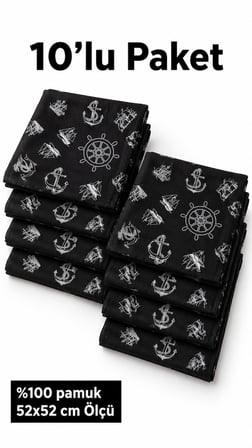 10’lu Siyah Denizci Desenli %100 Pamuk Fular Bandana 52x52 cm Unisex Çok Amaçlı Set