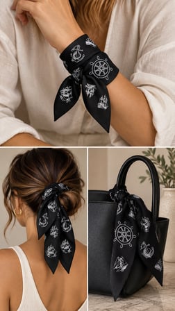 10’lu Siyah Denizci Desenli %100 Pamuk Fular Bandana 52x52 cm Unisex Çok Amaçlı Set