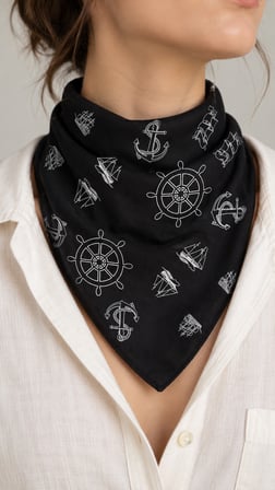 10’lu Siyah Denizci Desenli %100 Pamuk Fular Bandana 52x52 cm Unisex Çok Amaçlı Set
