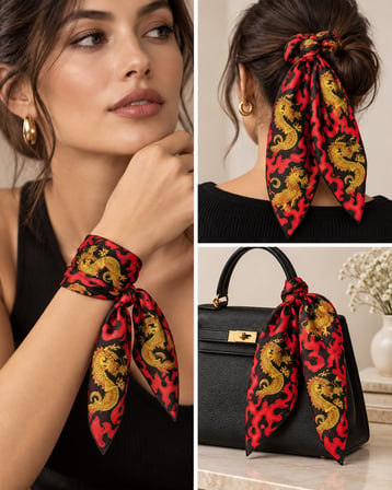 10’lu Kırmızı Siyah Ejderha Desenli %100 Pamuk Fular Bandana 52x52 cm Unisex
