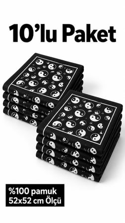 10’lu Siyah Yin Yang Desenli %100 Pamuk 52x52 cm Fular Bandana Seti
